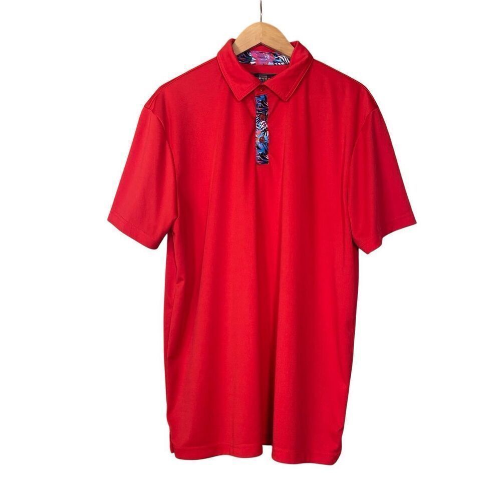 Loudmouth Polo Shirt Red Tropical Placket Print Golf Stretch XL